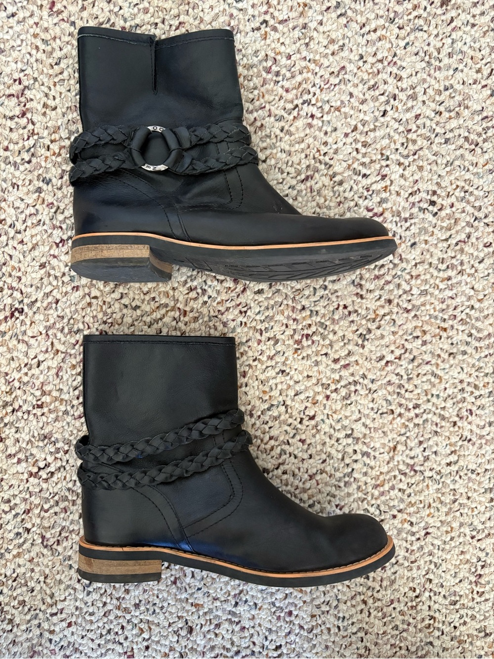 Women's Black Braided Strap Ankle Boots with Ring Accent
